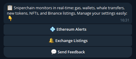 Sniperchain telegram crypto bot exchange listings monitor binance kucoin mexc bybit new token alerts trading opportunities interface