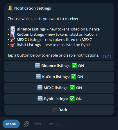 Sniperchain telegram trading bot exchange listings configuration binance kucoin mexc bybit alerts new token notifications settings