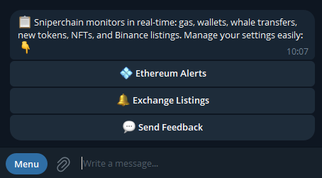 Sniperchain telegram crypto bot initial menu interface first screen ethereum alerts button