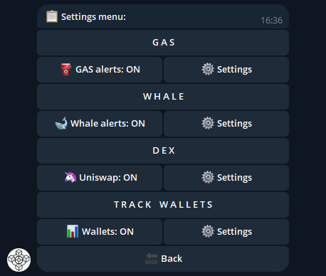 Sniperchain telegram crypto bot main menu interface buttons ethereum blockchain trading alerts monitoring dashboard