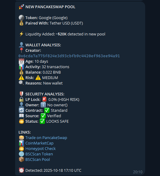 Sniperchain telegram bot PancakeSwap BNB chain liquidity pool alert example