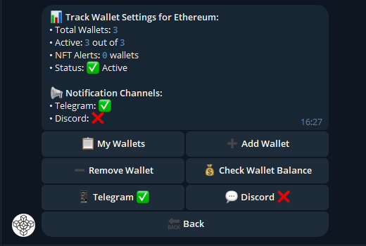 Sniperchain telegram crypto bot wallet tracking configuration ethereum blockchain transaction monitoring trading alerts settings interface