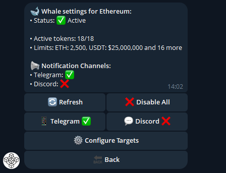 Sniperchain telegram crypto bot whale movement detection tracking large transactions ethereum blockchain trading alerts configuration settings